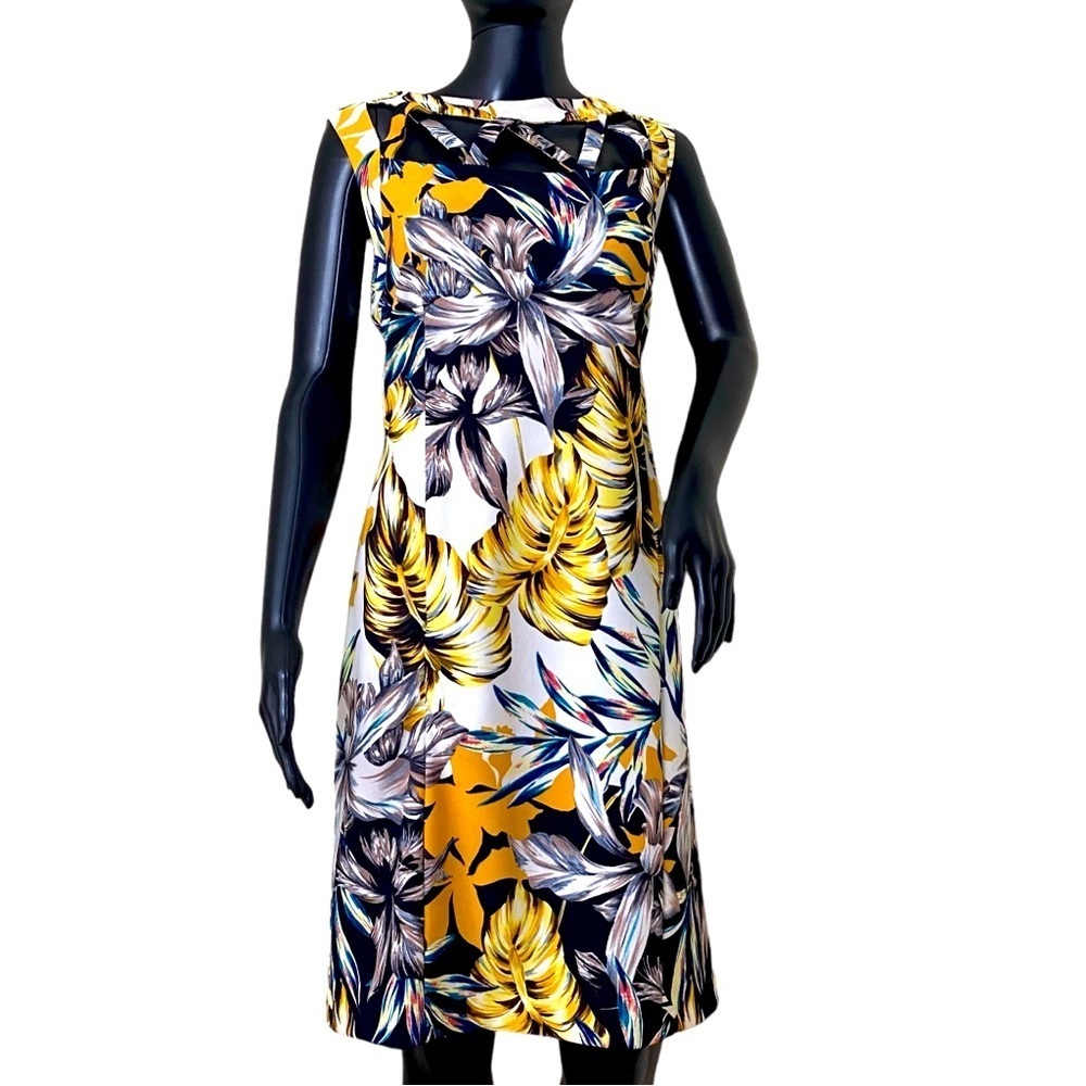 i Le New York Tropical Summer Multi Colors  (Gold Black White Sheath Dress Sz 12
